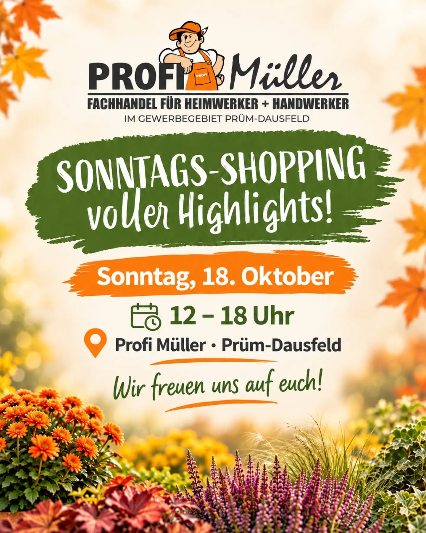 🍂 Sonntags-Shopping voller Highlights! 🍂 Am Sonntag, den 18. Oktober, ist bei Profi Müller wieder verkaufsoffener Sonntag! 🛍 Von 12 bis 18 Uhr laden wir euch herzlich zum gemütlichen Sonntags-Shopping auf die Dausfelder Höhe ein. Freut euch auf tolle Angebote, besondere Aktionen und jede Menge zu entdecken - vom Gartencenter über den Baumarkt bis hin zu unserer Wollwerkstatt und Fell & Pfote 🐾🌿🧶 ✨️ In den nächsten Tagen stellen wir euch unsere Highlights genauer vor - seid gespannt! Wir freuen uns auf euch! 📍 Profi Müller • Prüm-Dausfeld #profimüller #mantelsonntag #prüm #eifel #verkaufsoffenersonntag